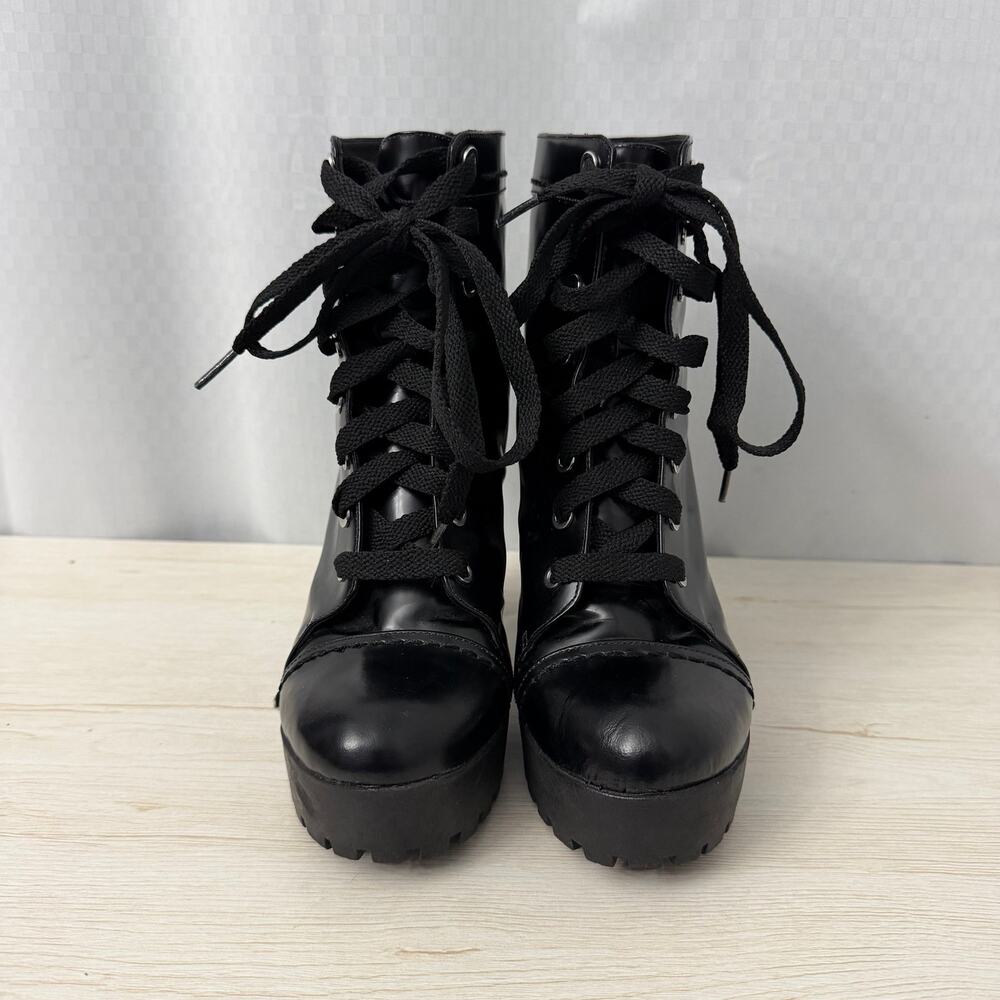 Schutz Black Leather Combat Boots Womens Size 8 B Heel Lace Up - Picture 2 of 13